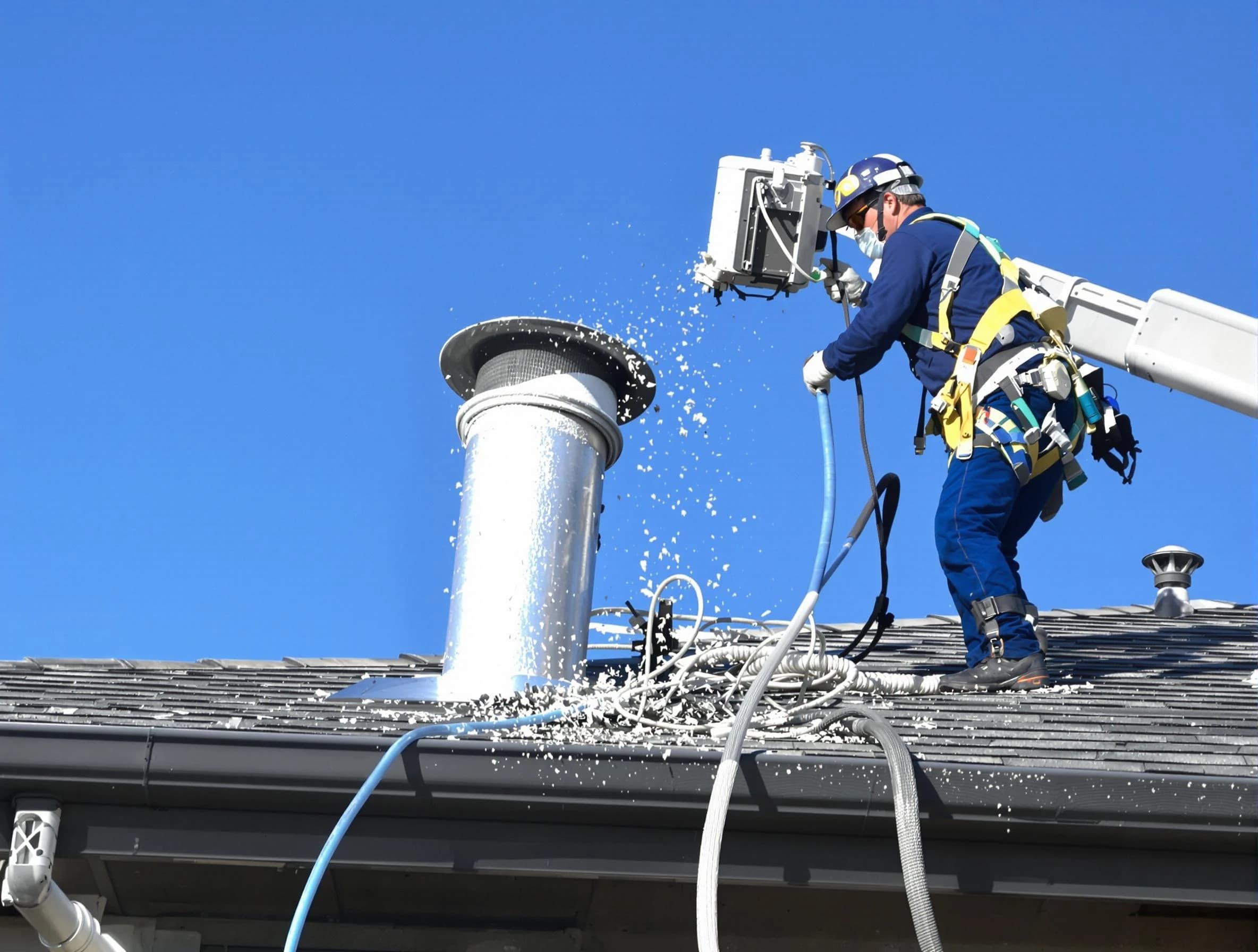 Stafford Courthouse Dryer Vent Cleaning certified technician safely cleaning a roof-mounted dryer vent in Stafford Courthouse