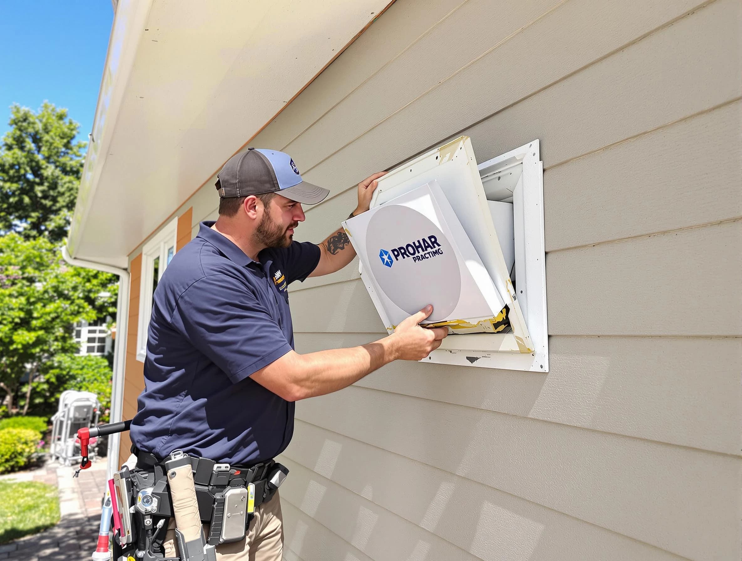 Stafford Courthouse Dryer Vent Cleaning technician installing a new protective dryer vent cover on a home in Stafford Courthouse