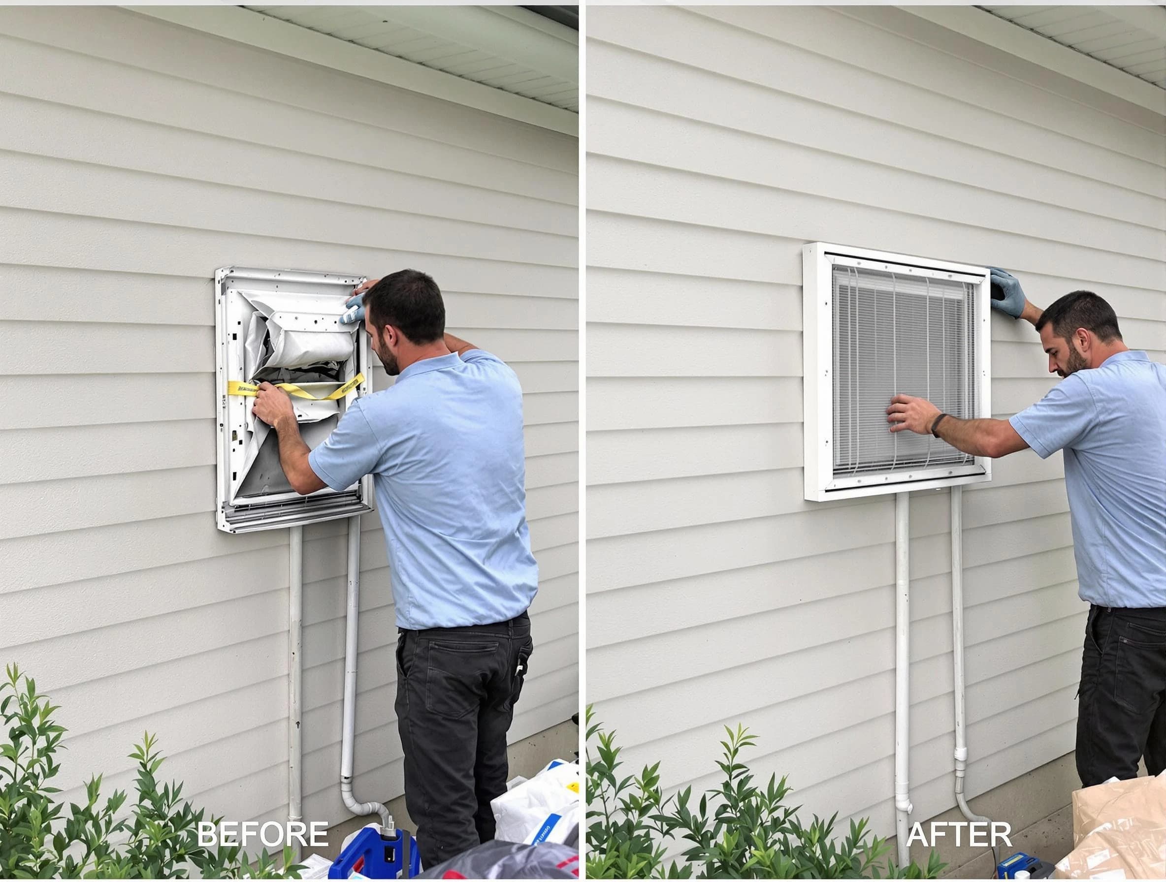 Stafford Courthouse Dryer Vent Cleaning technician installing high-quality dryer vent cover at a residential property in Stafford Courthouse