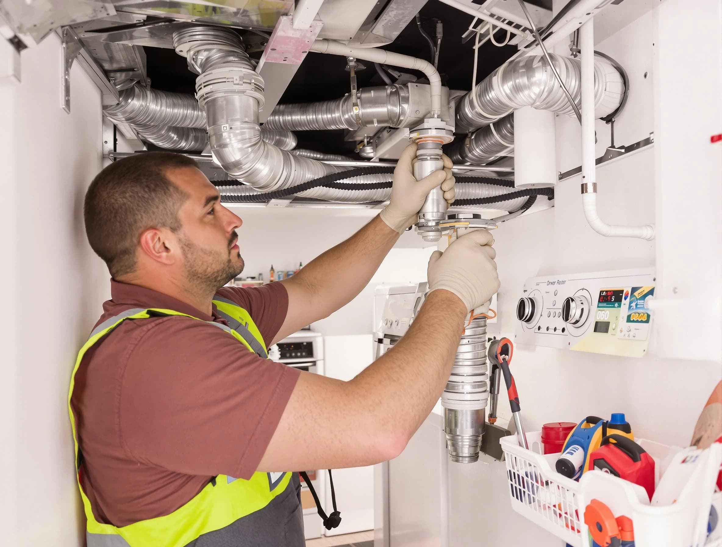 Stafford Courthouse Dryer Vent Cleaning expert performing both repair and installation work on a dryer vent system in Stafford Courthouse